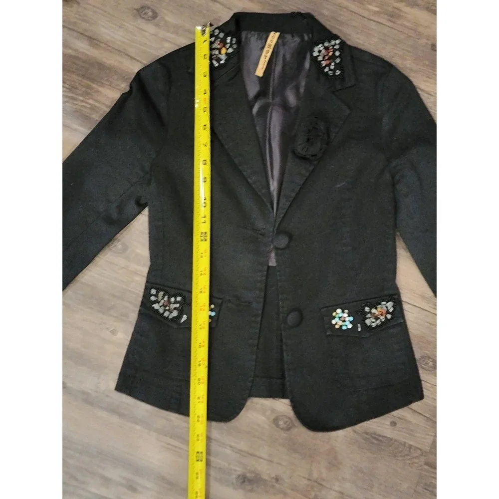Zoompy Vintage Black Embellished Blazer Jacket Small Floral‎ Beaded Rosette